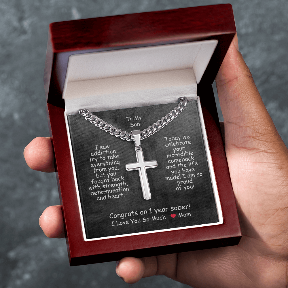 One Year Sobriety Gift For My Son ~ personalized cross necklace