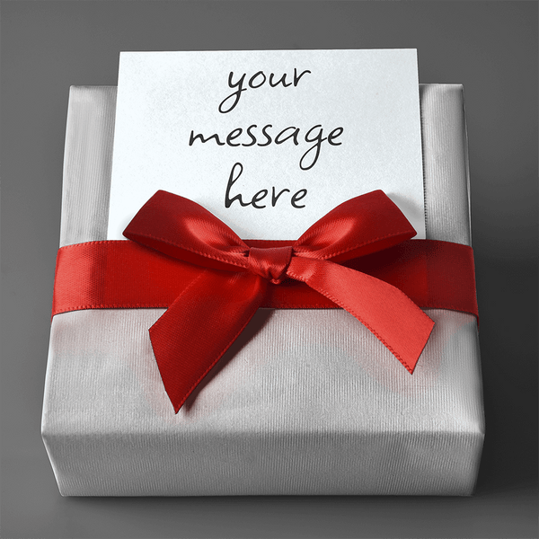 Silver gift wrap box with red satin bow and card reading 'your message here'