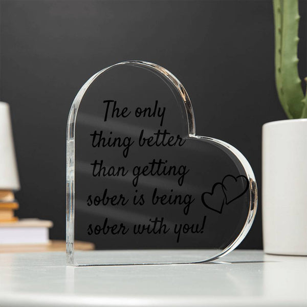 Clear acrylic heart plaque, side view, with black quote text and heart outline icons