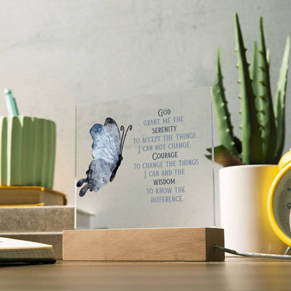 Wooden base serenity prayer display with clear panel, blue butterfly, and printed prayer lines