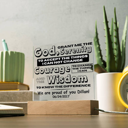 LED Serenity prayer plaque with wood base, printed quote text, unlit