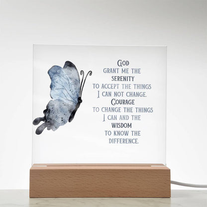 Wooden base serenity prayer display with clear panel, blue butterfly, and prayer text