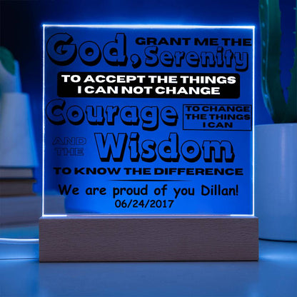 LED Serenity prayer plaque with wood base, blue LED border and quote text