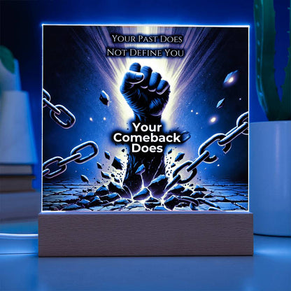 LED plaque with blue glow border, fist and chains graphic on wood base