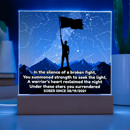 Acrylic LED star map night light with raised-flag figure silhouette and starry map on wood base