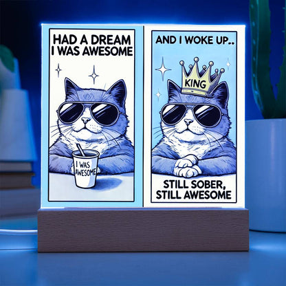 Two-panel LED tabletop sign with cat in sunglasses and crown, on wooden base