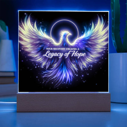 LED light-up plaque: blue angel wings with 'Legacy of Hope' on black, wooden base