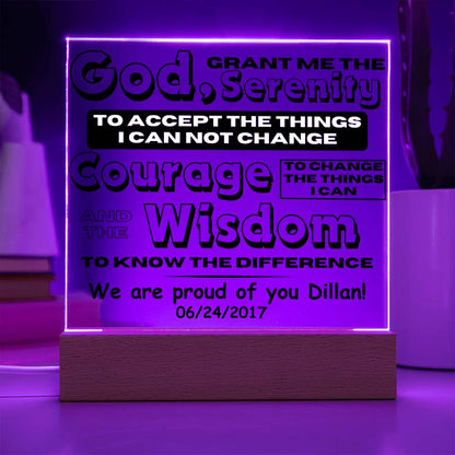 LED Serenity prayer plaque with wood base, purple LED border and quote text