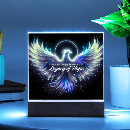 LED light-up plaque: blue-green angel wings with 'Legacy of Hope' on black, wooden base