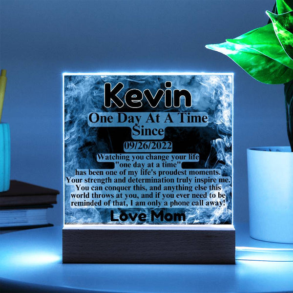 Custom LED sobriety date plaque on wood base, blue-lit, Kevin and Love Mom