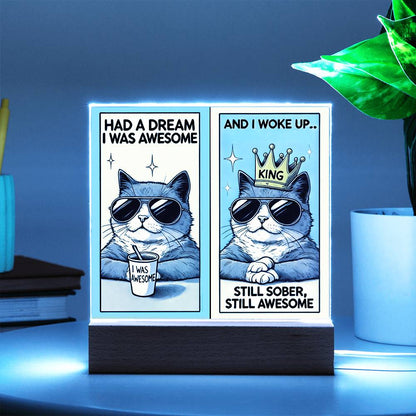 Two-panel LED tabletop sign featuring a crowned cat in sunglasses on a wooden base