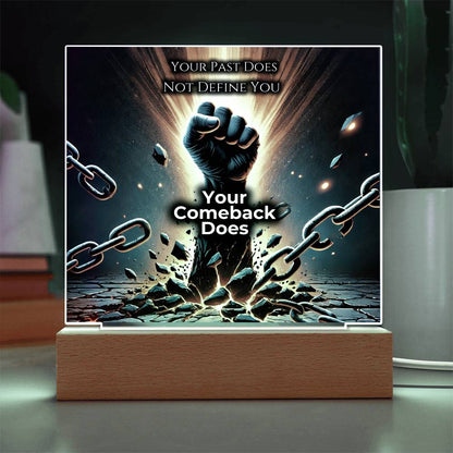 Front LED plaque with glowing border, fist and chains graphic on wood base