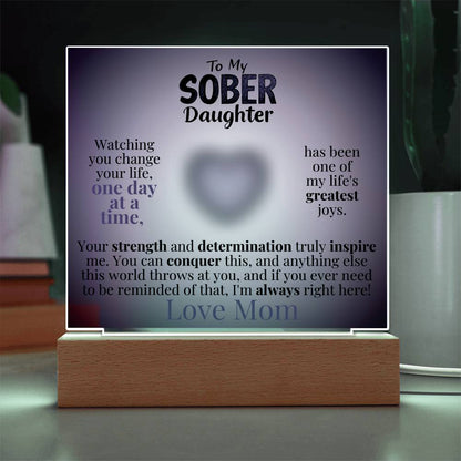 Light-up acrylic plaque with wooden base, purple glow border and heart message