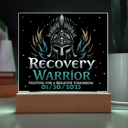 Square acrylic LED plaque on wood base, black front with teal title, green glow frame border