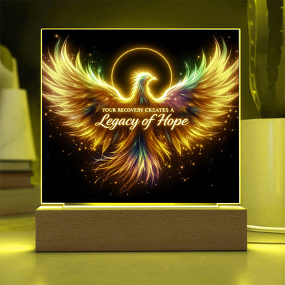 LED light-up plaque: golden angel wings with 'Legacy of Hope' on black, wooden base