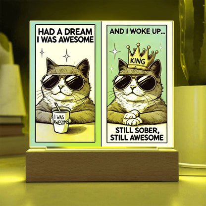 Two-panel LED tabletop sign with crowned cat and sunglasses graphic on wooden base