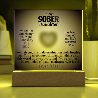 Light-up acrylic plaque with wooden base, yellow glow border and heart message
