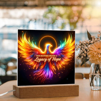 LED light-up plaque: rainbow angel wings with 'Legacy of Hope' on black, wooden base