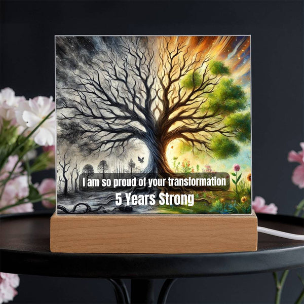 LED recovery milestone plaque showing tree illustration and “5 Years Strong” on wood base with lighted border