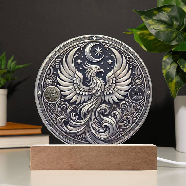 LED sobriety plaque with silver phoenix design and “4 Years Sober” badge on wood base.