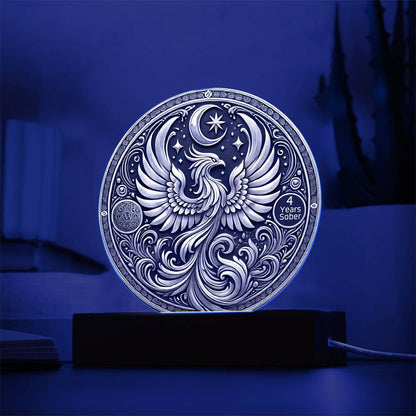 LED sobriety plaque with blue glow, silver phoenix design, and “4 Years Sober” badge on wood base.