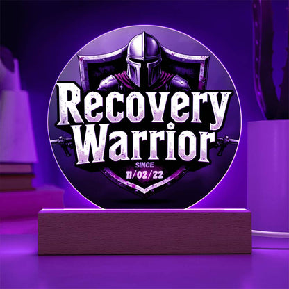 LED circle plaque with knight helmet graphic, “Recovery Warrior,” and glowing LED ring