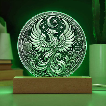 LED sobriety plaque with green glow, silver phoenix design, and “4 Years Sober” badge on wood base.