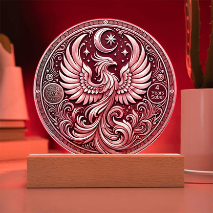 LED sobriety plaque with red glow, silver phoenix design, and “4 Years Sober” badge on wood base.