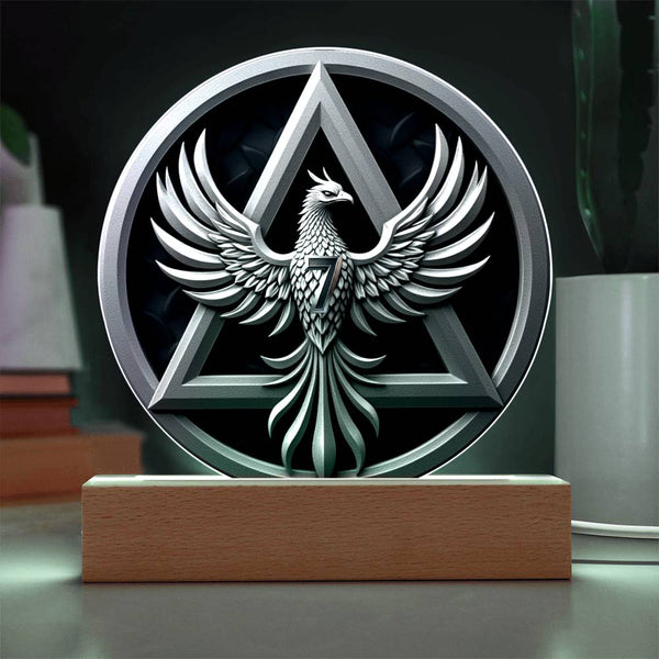 LED phoenix sobriety plaque with silver wings triangle emblem on wood base