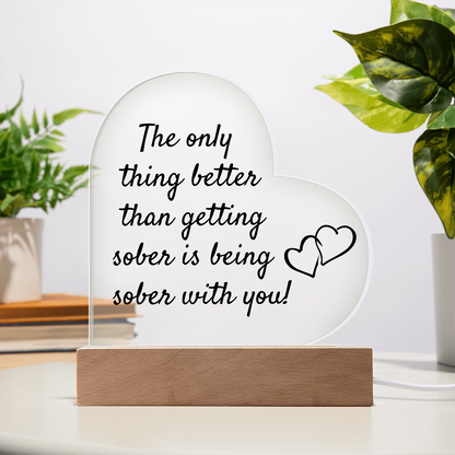 LED heart acrylic plaque with quote and heart icon on wood base, white glow