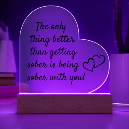 LED heart acrylic plaque with quote and heart icon, purple glow on wood base