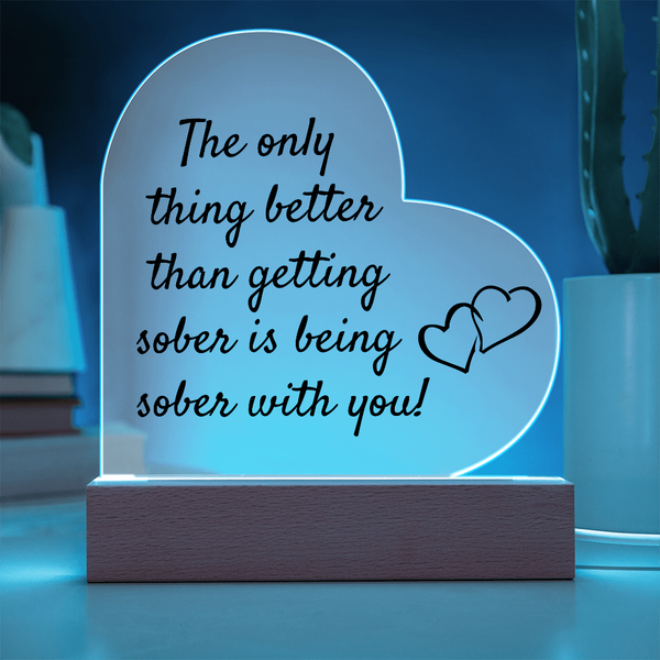 LED heart acrylic plaque with quote and heart icon, blue glow on wood base