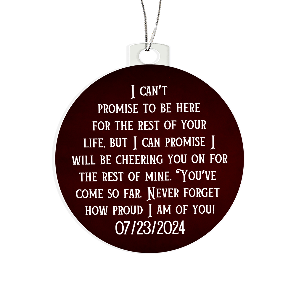 Maroon acrylic bulb ornament with printed quote and date 07/23/2024, silver chain