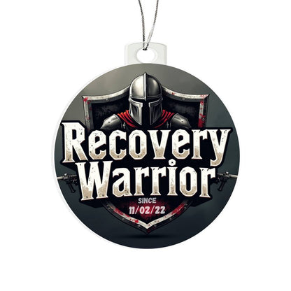 Acrylic Recovery Warrior round ornament with knight helmet graphic and date 11/02/22