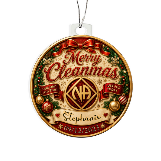 Acrylic bulb Christmas ornament, Merry Cleanmas design with Stephanie and date 09/12/2023