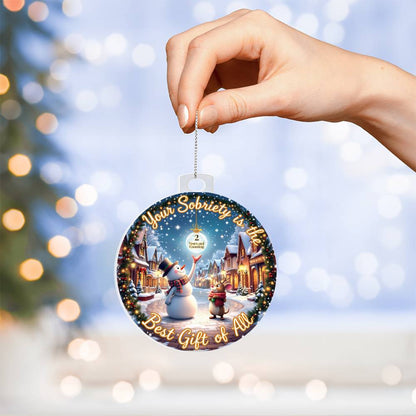 Circular acrylic bulb ornament with snowman winter scene and gold 'Sobriety' text