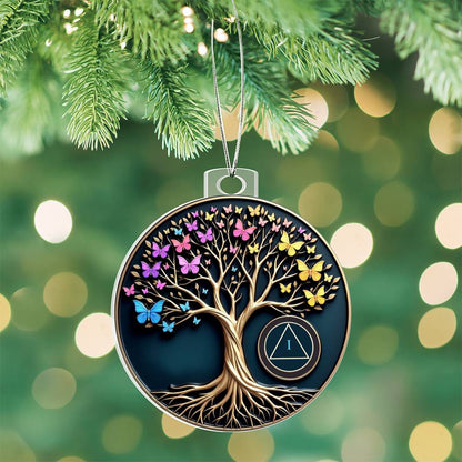 Hanging round Tree of Life sobriety ornament with butterflies, tree, and AA symbol