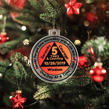 Round sobriety date ornament showing 5 Years & Counting and date 10/28/2019, Wisdom