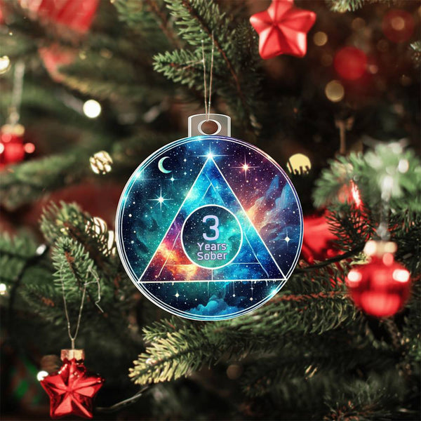 Round acrylic sobriety milestone ornament with blue galaxy triangle, 3 Years Sober.