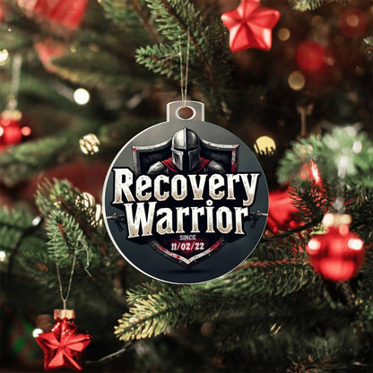 Acrylic Recovery Warrior round ornament on a Christmas tree, with helmet and date 11/02/22