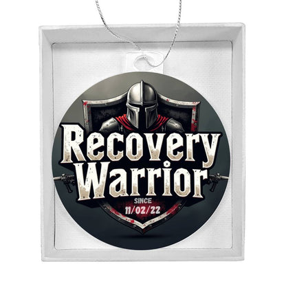 Acrylic Recovery Warrior round ornament in white gift box, with helmet graphic and date 11/02/22