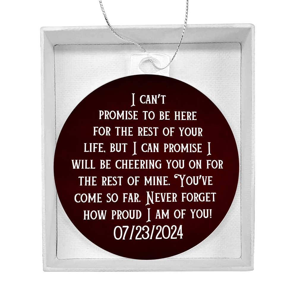 Maroon acrylic bulb ornament in clear window gift box, printed quote and 07/23/2024