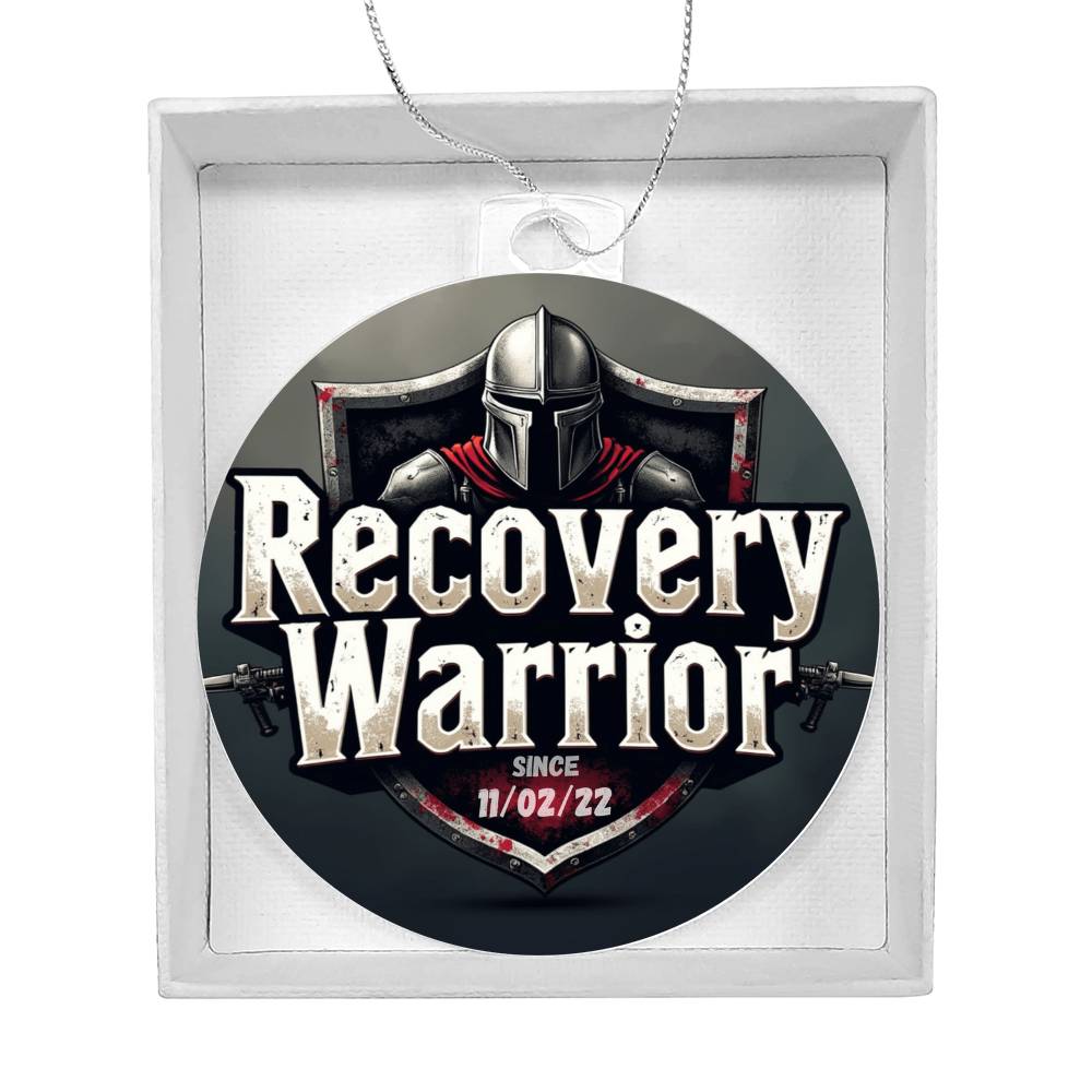 Round recovery warrior Christmas ornament with a silver hanging chain