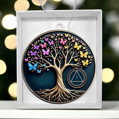 Tree of Life sobriety ornament in white gift box, round disc with butterflies, tree, and AA symbol
