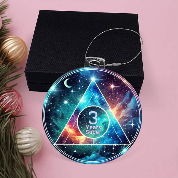 Round galaxy sobriety ornament with hanging cord, in black gift box, "3 Years Sober"