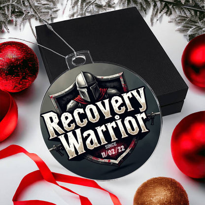 Acrylic Recovery Warrior round ornament in black gift box with helmet graphic and date 11/02/22