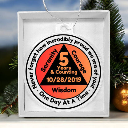 Round silver-tone sobriety date ornament with '5 Years & Counting' printed medallion and chain