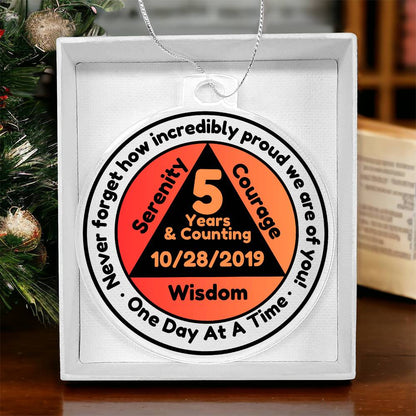 Round sobriety date ornament in a white gift box, 5 Years & Counting, 10/28/2019