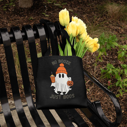 Black Halloween tote bag with ghost and pumpkin graphic, front view