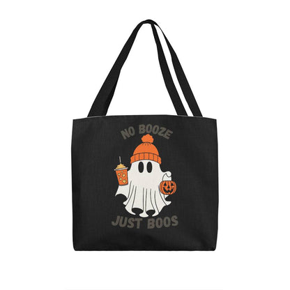Black Halloween tote bag with ghost graphic and 'No Booze Just Boos' text